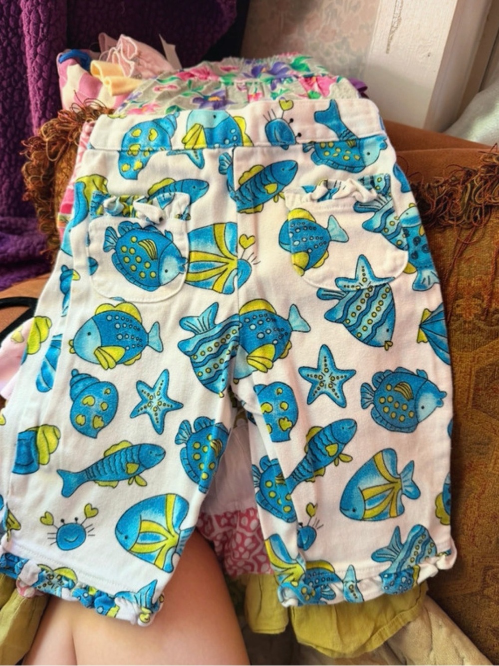 Class Club White Shorts with Blue & Yellow Fish Print